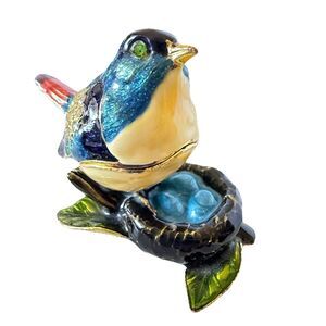 Blue Bird On Nest Multi Colored Enamel & Jeweled Hinged Pill Trinket Box 3x1.75